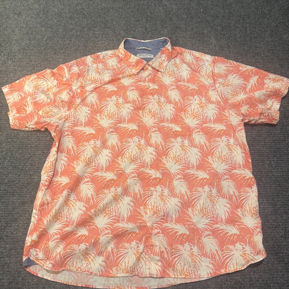 Tommy Bahama Shirt Mens 2XL Orange Palm Tree Hawaiian Short Sleeve Button Up